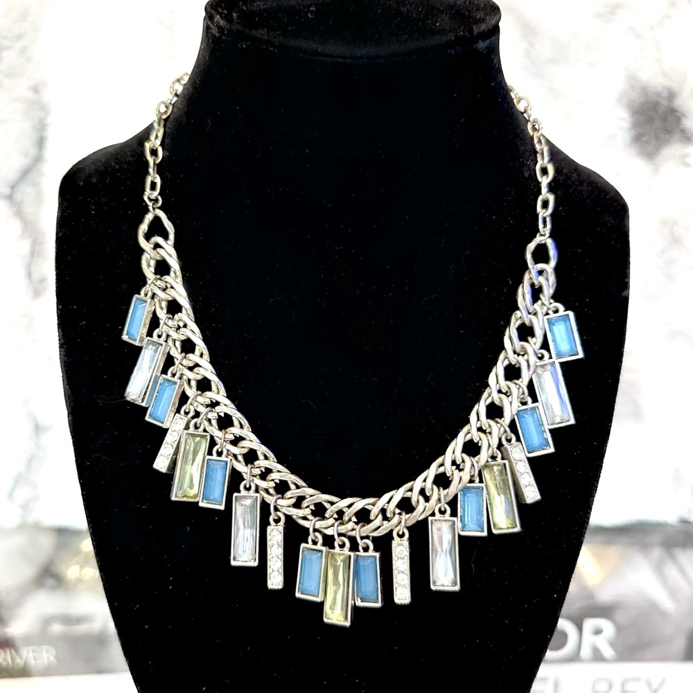 Ann Taylor Silver Tone Charm Statement Necklace Blue Green Crystals Adjustable